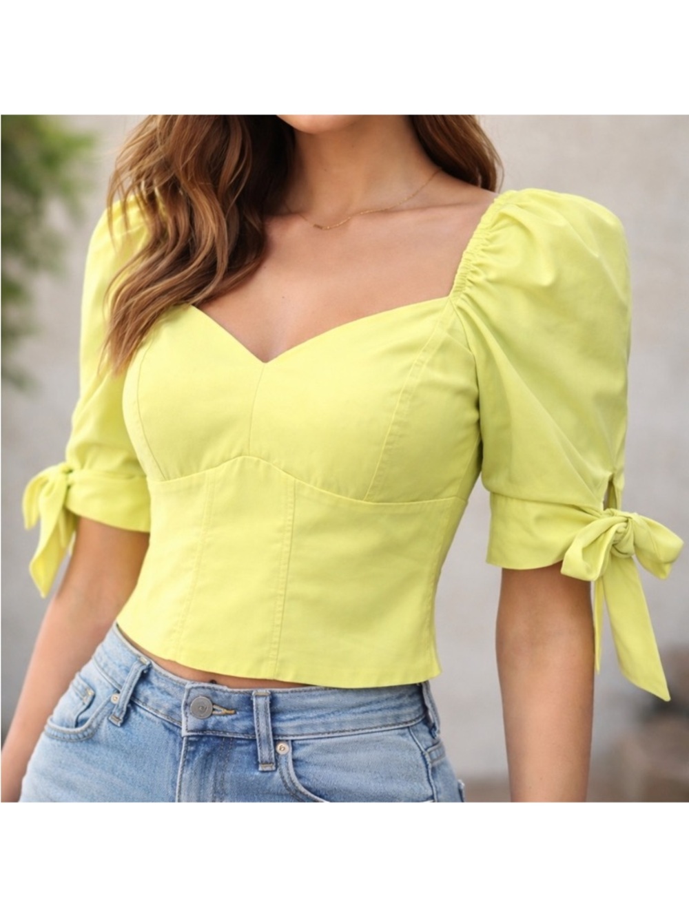 Express Yellow Puff-Sleeve Sweetheart Crop Top